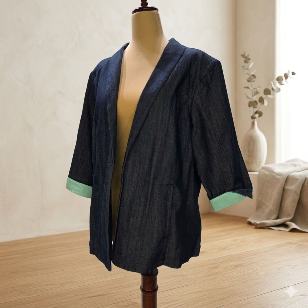 Christopher Banks PXL Indigo Denim Kimono Blazer Open Front Mint Cuffs Jacket